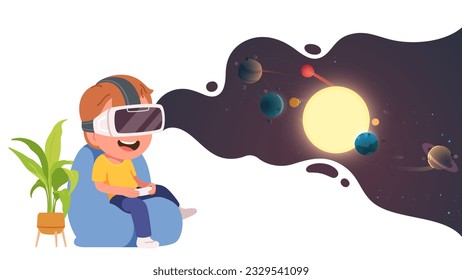 Boy kid in virtual reality or VR headset device. Happy child person wearing using VR goggles simulation technology. Entertainment fun, cyberspace future innovation concept flat vector illustration