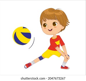 Boy kid volleyball player in uniform playing hitting ball vector flat illustration. Male child sportswear professional training sports game isolated on white. Dynamic movement exercise hitting block