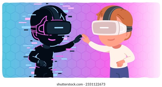 Boy kid in VR headset meeting his virtual shadow copy. Avatar child person wearing virtual reality glasses in 3d metaverse. Futuristic digital tech cyber space technology concept vector illustration