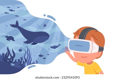 Boy kid in VR headset watching fish in ocean. Child person in virtual reality goggles device with underwater immersive simulation. Entertainment, cyberspace technology concept flat vector illustration