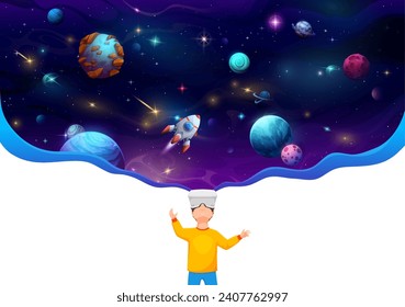 Boy kid in VR helmet dreaming about space flight to starry galaxy. Virtual reality technology, astronomy knowledge and education cartoon vector concept with kid looking on galaxy through VR goggles