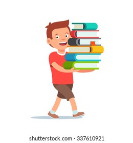 Boy kid is walking with big pile of books in his hands. Flat style vector illustration isolated on white background.