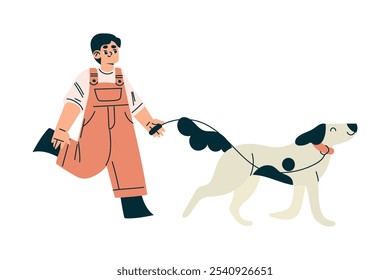 Garoto criança andando cão com coleira ilustração vetor