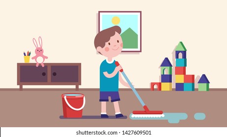 Boy kid washing floor with broom at home. Child doing housework mopping floor. Smiling kid wiping cartoon character enjoying housekeeping. Child room interior. Flat style vector isolated illustration