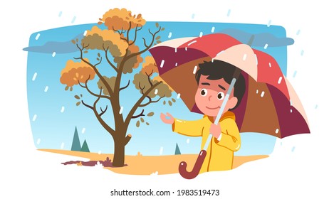 Boy kid wear raincoat walk, stand under umbrella outdoors on rainy weather day. Child person catching raindrops, tree with fall yellow foliage. Autumn season flat vector character illustration