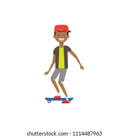 boy kid wearing cap skating on skateboard. Skateboarding ride. Flat style character