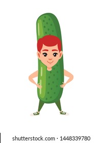 Boy kid wearing green cucumber costume cartoon character design flat vector illustration isolated on white background