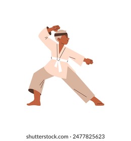 Niño que lleva kimono y cinturón blanco, entrenamiento de karate práctica Vector ilustración plana. Dibujo animado lindo niño afro mostrando técnicas de ataque de patadas posar en arte marcial aislado en blanco