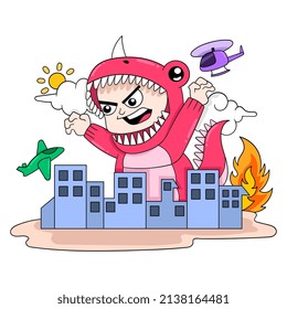 Junge Junge Kind mit Godzilla Dinosaurierkostüm zerstört die ganze Stadt, Vektorgrafik Kunst. doodle Symbol Bild kawaii.