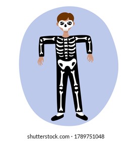 Boy kid wearing skeleton costume and mask for halloween party. Black leotard with white bones for the carnival masquerade. Stock vector hand-drawn flat illustration isolated on white background.
