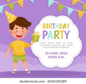 Boy Kid with Wrapped Gift Box Enjoy Party Celebration Invitation Card Vector Template