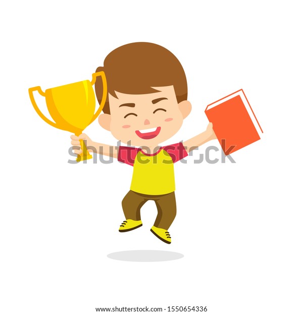 Boy Kids Celebrating Rising Trophy Book Stock Vector (Royalty Free ...