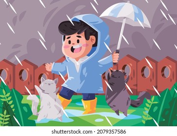 Boy kids children with blue coat and yellow boots is holding white umbrella and playing rain with happiness modern cartoon flat color isolated background vector illustration