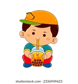 boy kids drinking iced bubble mango tea