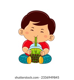 boy kids drinking iced bubble green tea