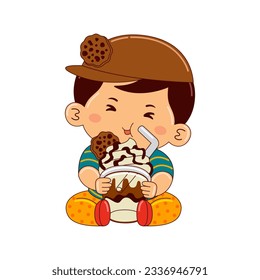 boy kids drinking iced mocha cookie crumble