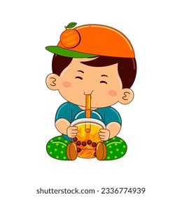 boy kids drinking iced orange bubble tea