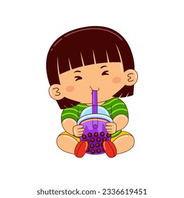 boy kids drinking taro bubble tea