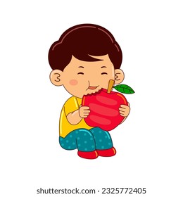 boy kids eating apple vector illustration