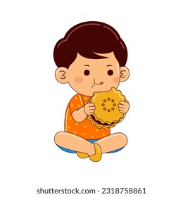 boy kids eating biscuit vector illustration