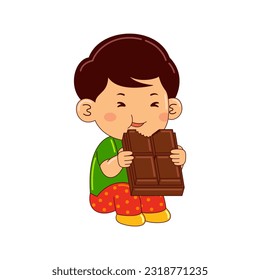 boy kids eating chocolate vector illustration