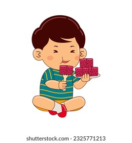 boy kids eating dragon fruit vector illustration