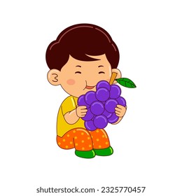 boy kids eating grape vector illustration