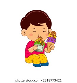 boy kids eating ice cream vector illustration