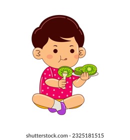 boy kids eating kiwi vector illustration