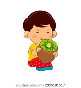boy kids eating kiwi vector illustration