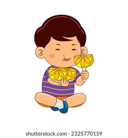 boy kids eating lemon vector illustration