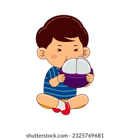 boy kids eating mangosteen vector illustration