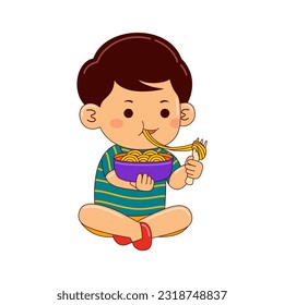 boy kids eating noodle vector illustration