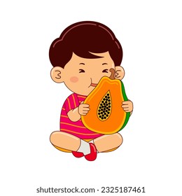 boy kids eating papaya vector illustration