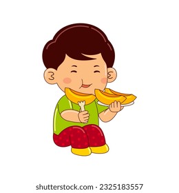 boy kids eating peach vector illustration