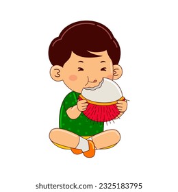  boy kids eating rambutan vector illustration