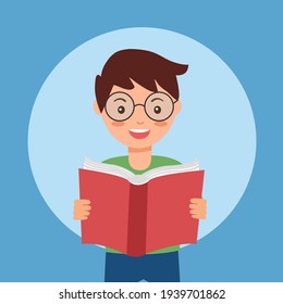 Boy kids enjoy reading book in flat design. Reading time concept vector illustration. I love reading. Knowledge and education.
