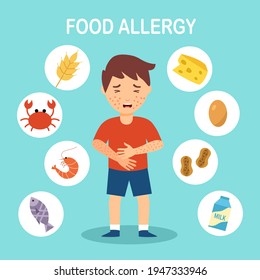 Boy Kids Having Food Allergy Symptom To Products Like Seafood, Gluten, Egg, Peanut And Milk In Flat Design. Child Got Red Spots On His Skin.