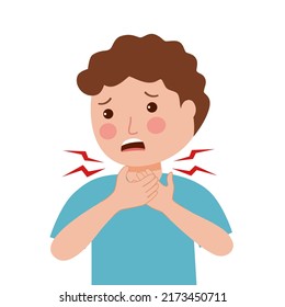 Boy kids having sore throat symptom from virus or bacteria in flat design on white background.