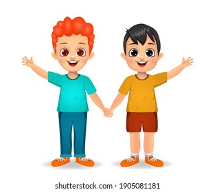 boy kids holding hands together vector