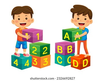 boy kids playing number and alphabet blocks in vector illustration