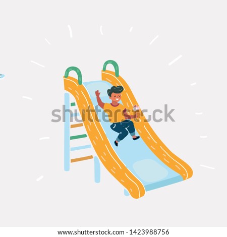 Boy kids playing on slide with ice-cream on white.