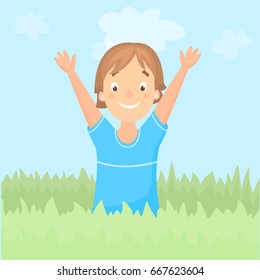 Boy in kids summer camp. Vector cartoon illustration of happy child. Fun active young diverse people. Holiday activity.