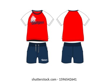 Boy Kids T Shirt Short Jersey Set Wear Apparel Template Pattern Textile Teenager Infant Child Fashion Vector Design Sport Clothes Uniform Nautical Style