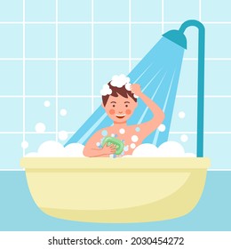Boy kids taking shower and washing hair in bathroom in flat design. 