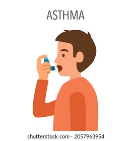 Boy kids using asthma inhaler against allergic attack in flat design on white background.