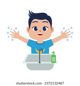 A boy kids washing his hands in the sink concept vector illustration. Washing hands under faucet with soap and water. Virus and bacteria prevention healthcare.