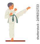 Boy in a kimono doing karate flat vector illustration isolated on white.