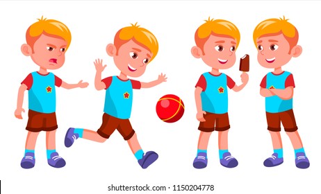 Boy Kindergarten Kid Poses Set Vector. Kiddy, Child Expression. Junior. For Postcard, Cover, Placard Design. Isolated Cartoon Illustration
