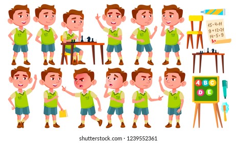 Boy Kindergarten Kid Poses Set Vector. Preschool. Young Person. Cheerful. For Web, Brochure, Poster Design. Isolated Illustration